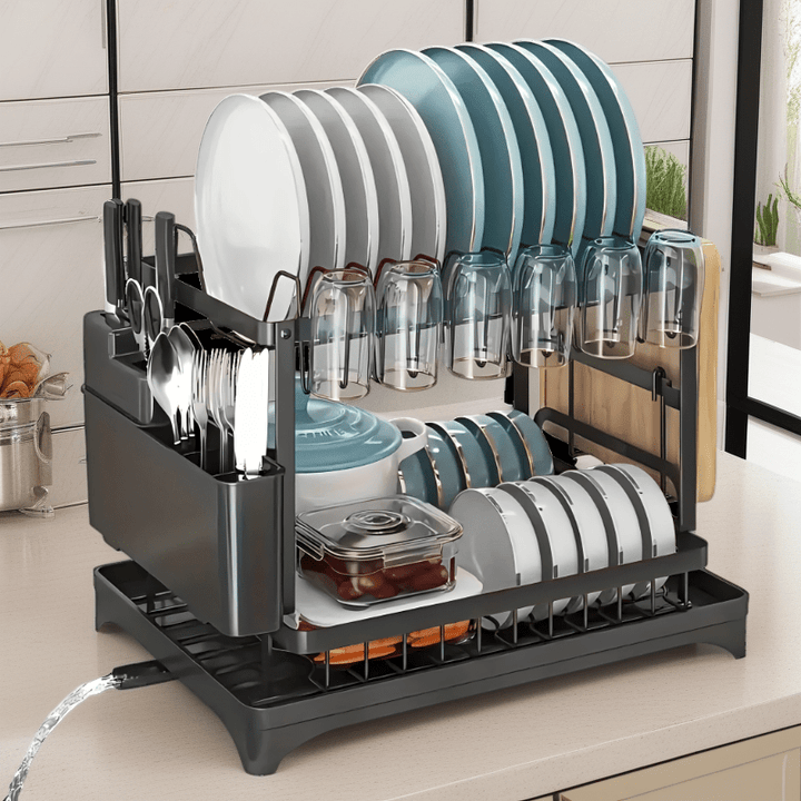 Estantería de platos de acero al carbono resistente de doble capa + tablero de drenaje, almacenamiento integrado! Dividido para platos/tablas de cortar/tazas, opciones negras y blancas, sostiene 6 tazas, adecuado para todas las estaciones.