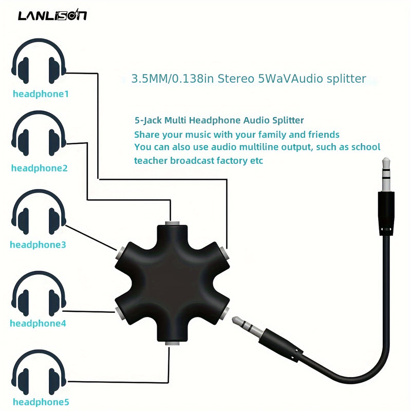 Cable Repartidor de Audio LANLESS de 3.5mm - Comparte Música con 5 Auriculares, ABS Duradero, Disponible en Blanco/Azul/Negro, Ideal para Smartphones y Más