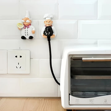 2 piezas de soporte de cable de alimentación de chef de dibujos animados - Organizador de plástico de montaje fácil en la pared para enchufes y cables de cocina, diseño encantador con personajes de chefs divertidos, gancho de utilidad, ganchos de utilidad