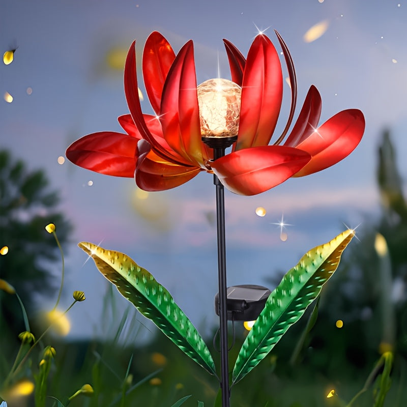 Jardín de luces de estacas de jardín alimentadas por energía solar, molino de viento de metal con luz LED de arriba, decoración de jardín exterior recargable con enchufe de suelo para patio, césped, camino, acabado de encaústico, control de interruptor,