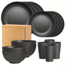 Juego de vajilla familiar premium para exteriores - 16 piezas irrompibles, aptas para microondas y lavavajillas, set negro con 8 platos, 4 tazones y 4 tazas