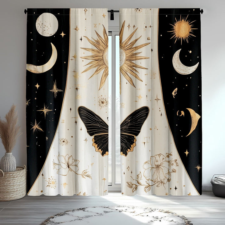 2 cortinas decorativas góticas con motivos de fases lunares, sol, estrellas y flores en negro y dorado