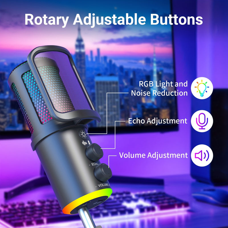 Microfono USB, Micrófono Condensador RGB con Brazo Boom Plug & Play, Kit de Microfonía Metálico Cardioid para PC y Computadora con Sonido Profesional para Grabación, Gaming y Canto, Incluye Filtro Anti-Pop