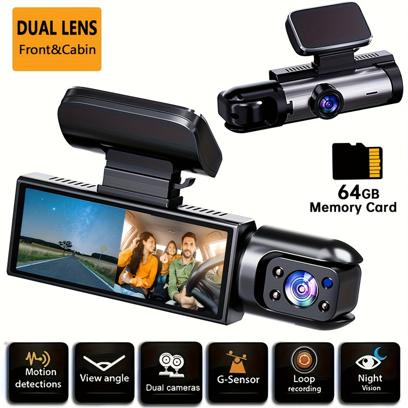 Grabadora de doble cámara para coche, frontal 1080P, trasera 720P, función de visión nocturna, grabación en bucle, disponible con o sin tarjeta de memoria, ideal para automóviles