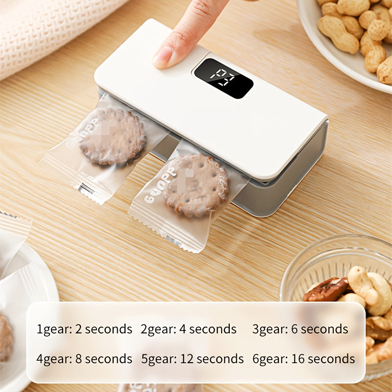 Máquina de sellado portátil compacta con 6 ajustes ajustables, recargable por USB, batería de litio, sellado rápido para bolsas de snacks, a prueba de humedad y olores, ideal para viajes y pícnic, sellador de cocina | Sellador portátil | Dispositivo reca