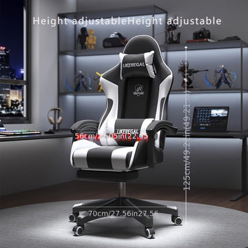 1pc Silla de Juego Ergonómica con Altura Ajustable - Negro y Blanco, Silla de Oficina de Nylon Cómoda con Cojín Grueso, Soporte Lumbar, Función de Reclinación y Ruedas para Movimiento Fácil - Ideal para Uso en Casa y Oficina