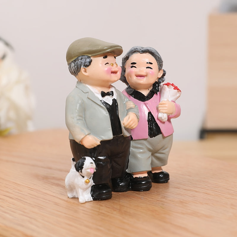 1pc Estatua de Resina Encantadora - Pareja Mayor Caminando con Perro y Flores, Tema Romántico de Amor para Decoración Interior/Exterior, Regalo Perfecto para San Valentín, Aniversario, Navidad, Día de la Madre, Día del Padre, Día de los Abuelos