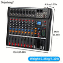 Mezclador de audio profesional DEPUSHENG de 6/8/12 canales - Negro, encendido, 110V-130V, estándar estadounidense, con USB, XLR, alimentación fantasma y entradas/salidas RCA para DJs, estudios y bares