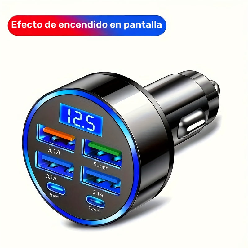 Car Cargador Rápido 2 PD con Pantalla Digital y 4 USB, Adaptador de Coche 6 en 1 para Teléfono - Accesorio de Auto