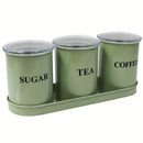 Juego de 3 Tarros para Azúcar, Café y Té, Almacén de Alimentos de Metal Hermético, Tarros de Cocina con Bandeja, Verde