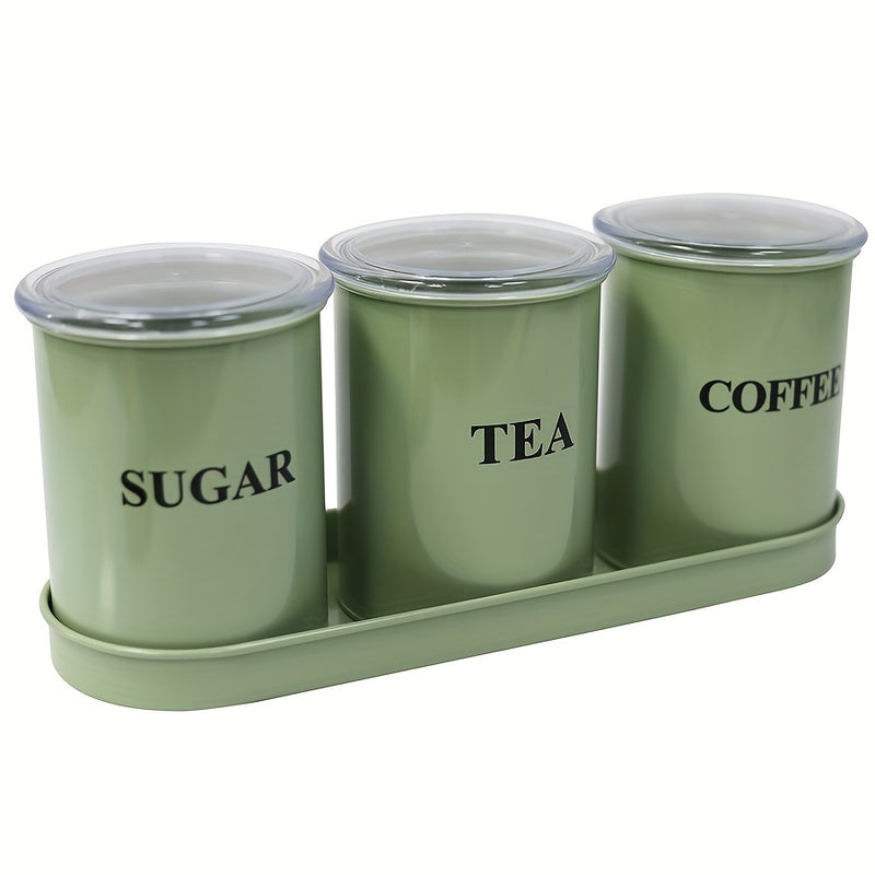 Juego de 3 Tarros para Azúcar, Café y Té, Almacén de Alimentos de Metal Hermético, Tarros de Cocina con Bandeja, Verde