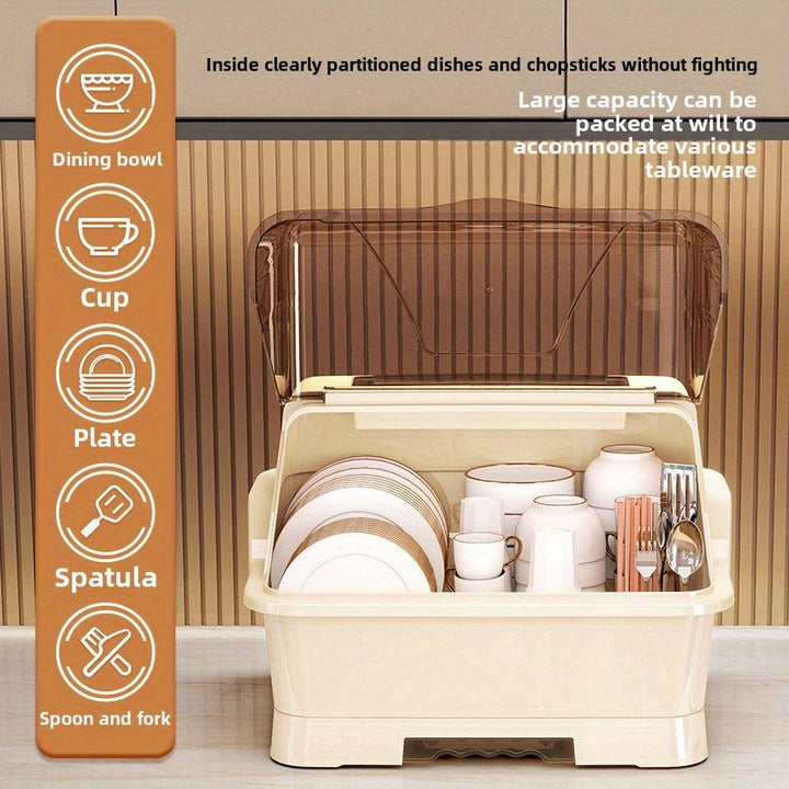 1 caja de almacenamiento de cocina de gran capacidad con tapa - A prueba de polvo, ideal para cubiertos, palillos, cuchillos, tenedores y especias - Organizador de plástico blanco para armarios y encimeras, solución de almacenamiento de cocina | Organiza