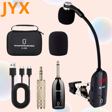 JYX Brand, U-230, Mejor Vendedor, Micrófono sin varillas UHF para Saxofón, Trompeta y Violonchelo, Sistema de Transmisor y Receptor con Carga USB, Distancia de Transmisión de 160 Pies, Incluye Estuche,