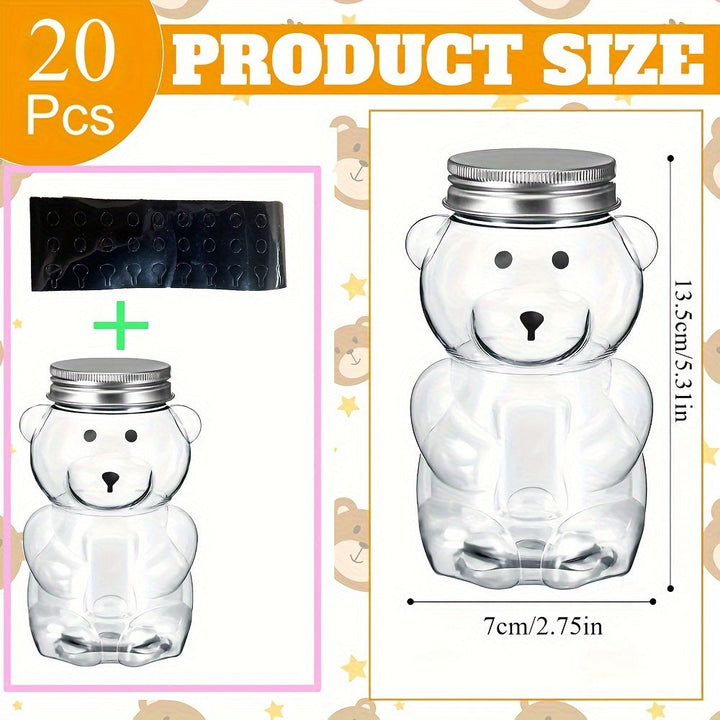 Conjunto de 20 tarros de plástico en forma de osito con tapas de aluminio selladas - Recipientes a prueba de humedad, compactos y portátiles para dulces, té, bebidas, regalos y detalles para fiestas - No se necesita electricidad