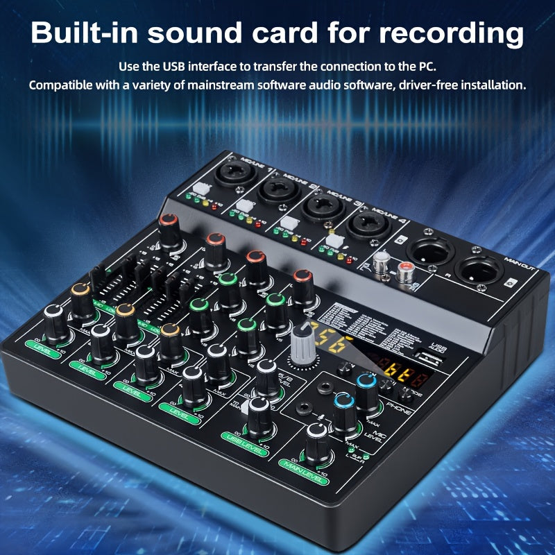 tyinneran Mezclador de audio inalámbrico profesional de 6 canales USB, reverberación de 256 ohmios, alimentación fantasma de 48V, bajo profundo, sonido de alta fidelidad, con control de tempo integrado y control de reproducción para grabación de estudio