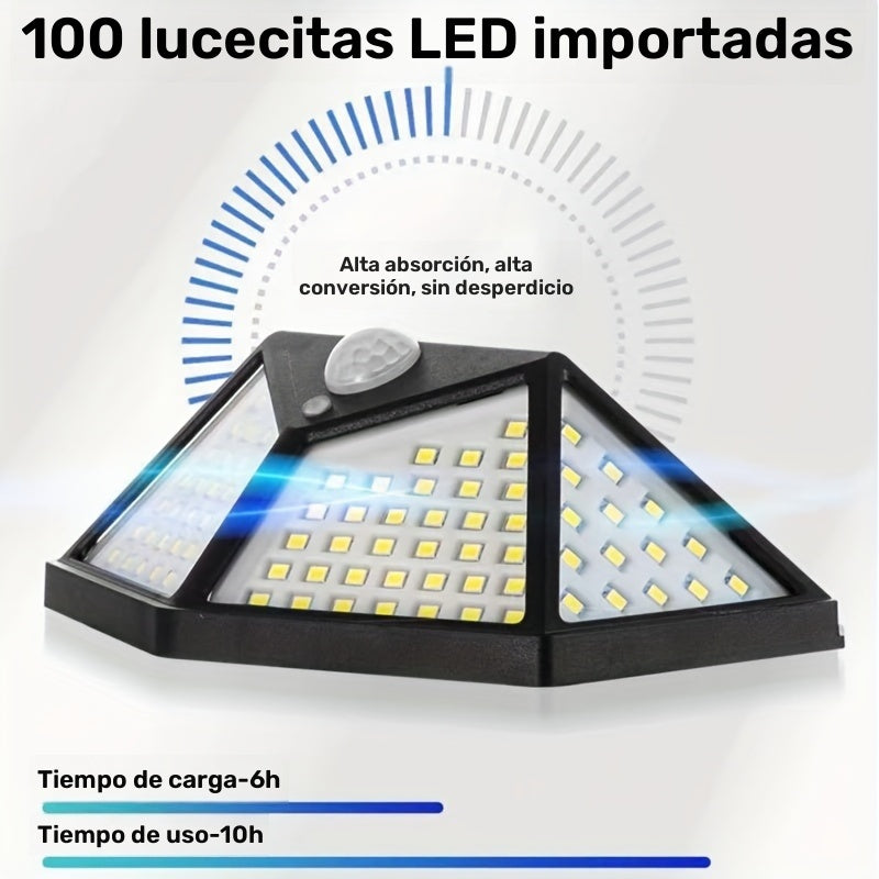 1 pieza de 100 luces solares para pared con sensor de movimiento, encendido automático para exteriores, iluminación de 4 lados para valla de jardín, iluminación de sendero de varios modos
