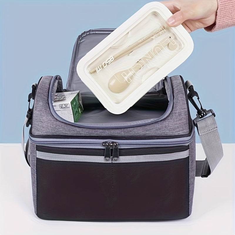 Lonchera térmica de doble capa, no para contacto con alimentos, gran capacidad, con correa para hombro y asa, resistente tela Oxford, ideal para el trabajo y la escuela, negra con detalles a rayas