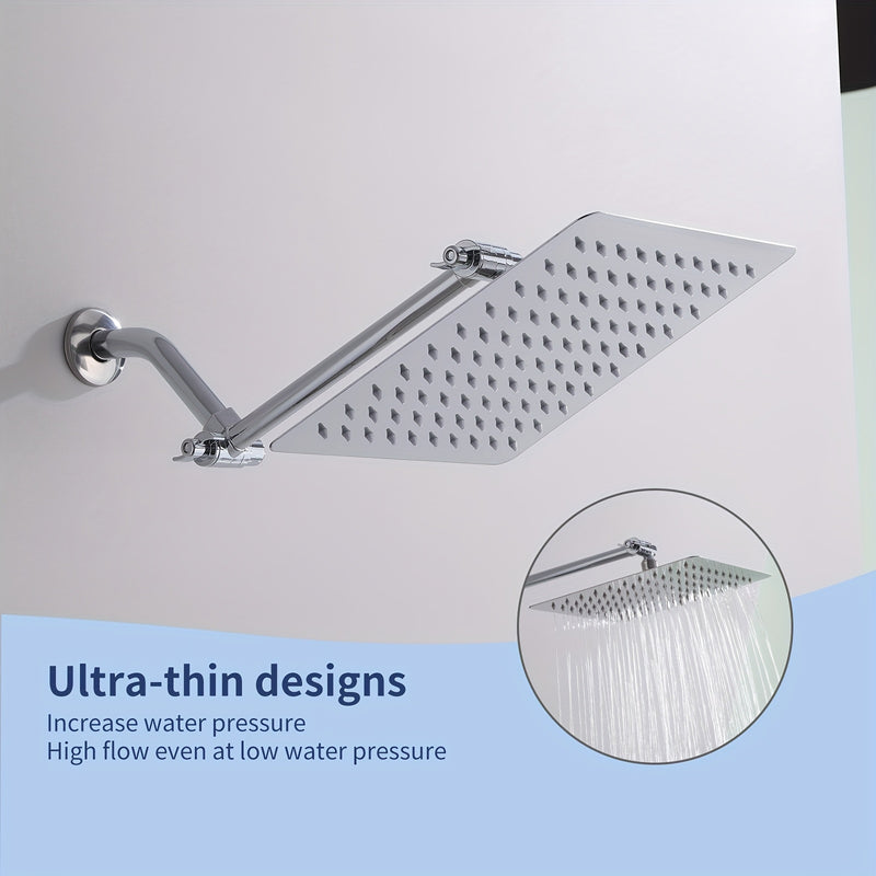 1 pieza de 10 pulgadas, ducha de acero inoxidable ultra delgada con brazo de extensión ajustable - Instalación clásica en la pared, sin taladro, experiencia de lluvia de alta presión para accesorios de baño modernos, accesorio de ducha | Acabado elegante