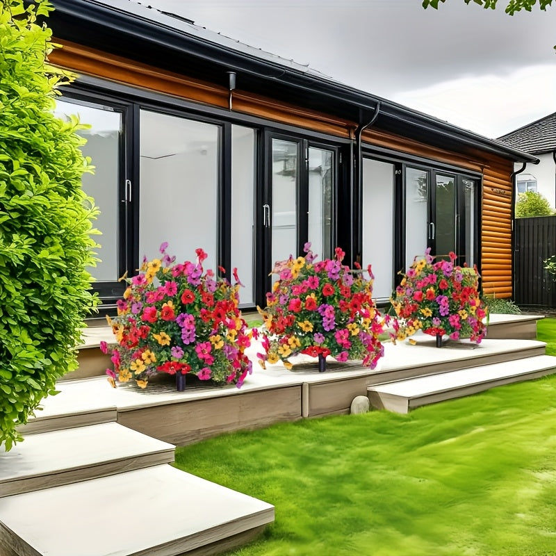 Tres conjuntos de árboles de imitación vibrantes para exteriores, con pernos para decoración de hogar, jardín e interiores, arreglos artificiales de violetas de larga duración, plantas de imitación decorativas adecuadas para terrazas, porches y patios.