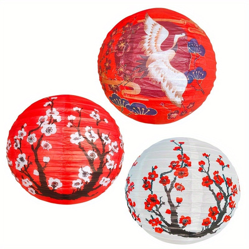 1pc/3pcs Linternas de papel chino de flor de cerezo y diseño de grulla, luces colgantes de patrón de cerezo japonés de 12 pulgadas, decoración de fiesta versátil para cumpleaños, inauguración de casa, confirmación - No necesita electricidad, sin plumas,