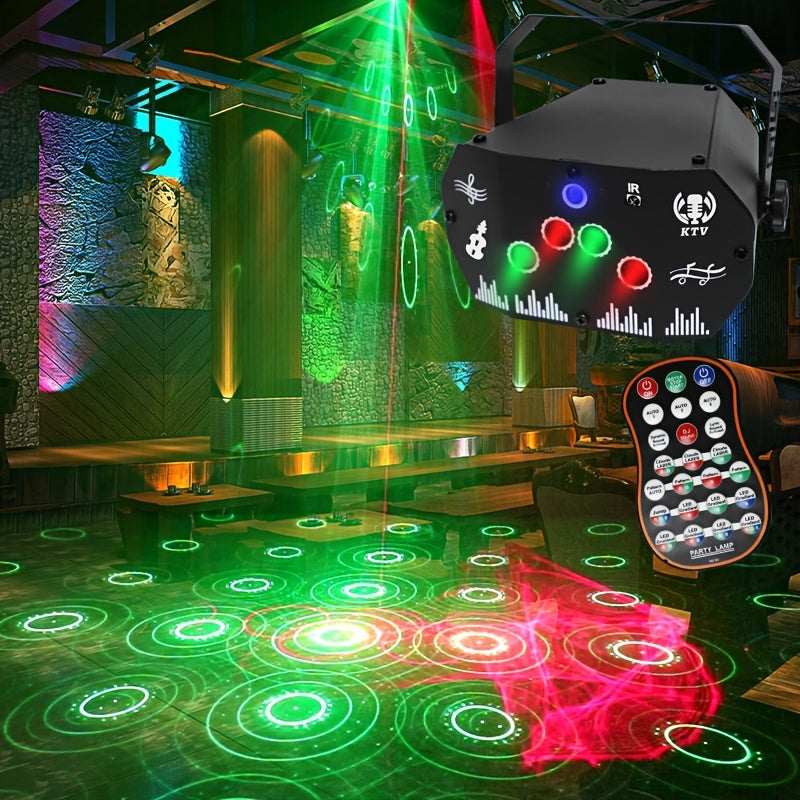 Proyector de luz de escenario mini de hierro negro con patrones dinámicos rojos y verdes, alimentado por USB con sensor de infrarrojos, batería de botón no recargable, ideal para KTV, DJ, decoración de fiestas, compatible con Halloween, Acción de Gracias