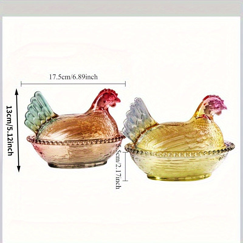 Tarro de Cristal con Forma de Gallo Elegante y Tapa - Diseño Intrincado en Rosa, Verde y Amarillo - Ideal para Dulces, Snacks o Decoración de Mesa - Lavado a Mano Únicamente - Apto para Todas las Estaciones