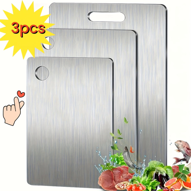 Juego de 3 tablas de cortar premium de acero inoxidable, ideales para frutas, verduras y carne. Tabla segura para alimentos, fácil de limpiar y duradera, perfecta para camping y senderismo