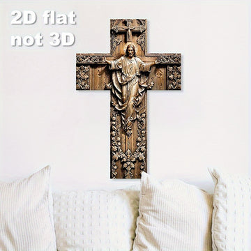 Crucifijo de Madera Artificial Regenerada Impreso en 2D con Patrones Florales - Arte Rústico Vintage para Navidad, Halloween, Pascua y Día de los Muertos - Decoración para Iglesia y Hogar, Plano en 2D