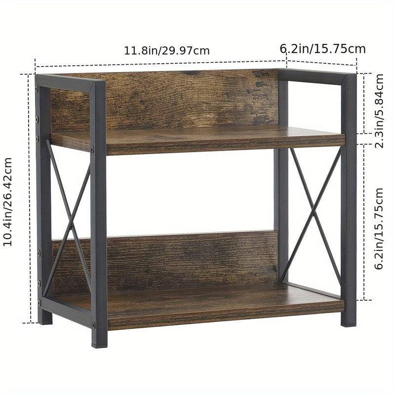 Organizador de Encimera de Madera Reciclada de 2 Niveles con Soportes en Forma de X - Estante Rústico Marrón para Especias y Café, Decoración Hogareña Ahorradora de Espacio