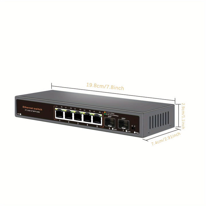 Conmutador Ethernet Davuaz Ultra-Rápido de 7 Puertos 2.5G - Conectar y Listo, Diseño Sin Ventilador, 5 Puertos RJ45 de 2.5G + 2 Puertos Ópticos SFP+ de 10G, Compatible con Velocidades de 100/1000/2500Mbps, Ideal para Punto Acceso Inalámbrico, NAS, PC y M
