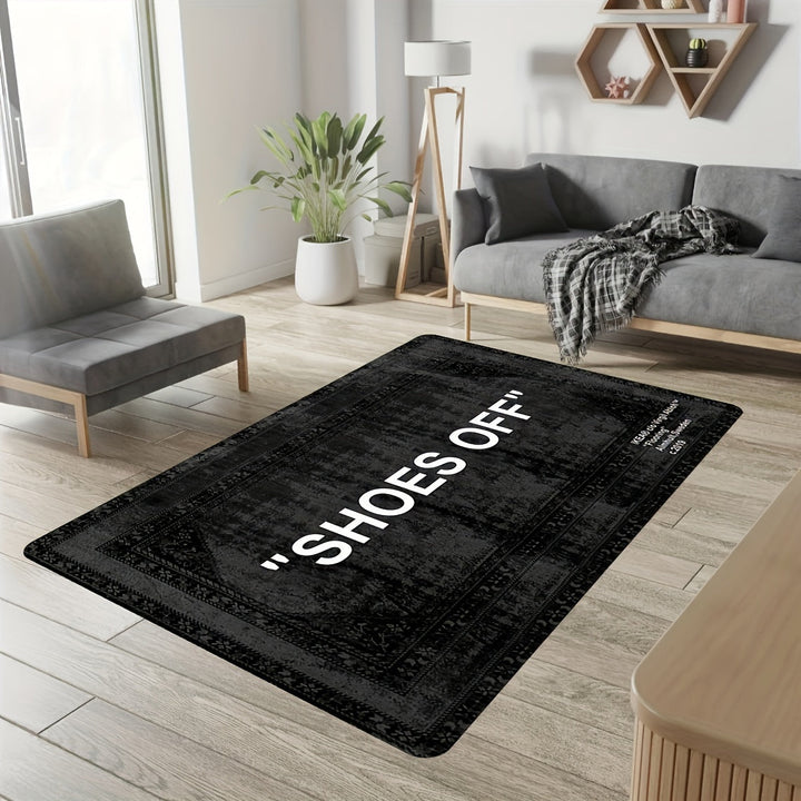 Tapete de bienvenida "SHOES OFF" rectangular antideslizante para sala, liviano, lavable, de poliéster, base de alfombra hecha a máquina, 1 cm de grosor, solo lavado a mano (1 pieza)