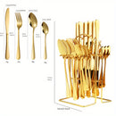 Juego de Cubiertos de Acero Inoxidable Dorado de 24 Piezas con Elegante Soporte Metálico - Incluye Cuchillos para Bistec, Tenedores y Tenedores para Postres, Cucharas - Perfecto para el Hogar, Restaurante, Fiesta, Boda
