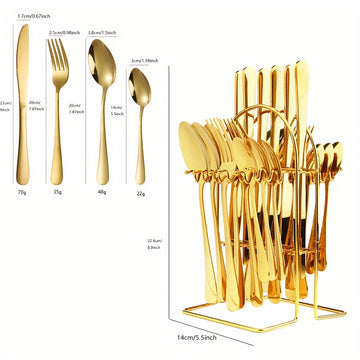 Juego de Cubiertos de Acero Inoxidable Dorado de 24 Piezas con Elegante Soporte Metálico - Incluye Cuchillos para Bistec, Tenedores y Tenedores para Postres, Cucharas - Perfecto para el Hogar, Restaurante, Fiesta, Boda