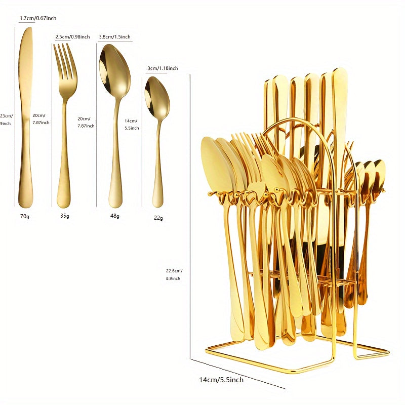 Juego de Cubiertos de Acero Inoxidable Dorado de 24 Piezas con Elegante Soporte Metálico - Incluye Cuchillos para Bistec, Tenedores y Tenedores para Postres, Cucharas - Perfecto para el Hogar, Restaurante, Fiesta, Boda