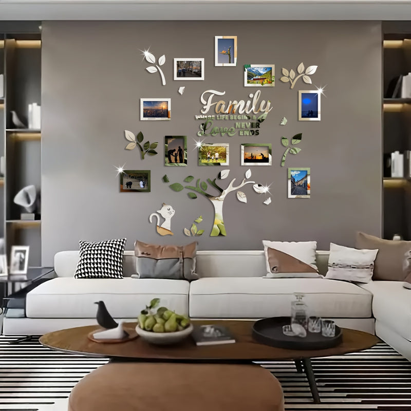 [Foto de Gato Acrílico Plateado] Marco de Fotos de Gato de Acrílico Plateado Dorado Negro DIY Pegatina Collage Árbol de Pared - 47.24×47.24in Conjunto de Decoración de Pared para Sala de Estar