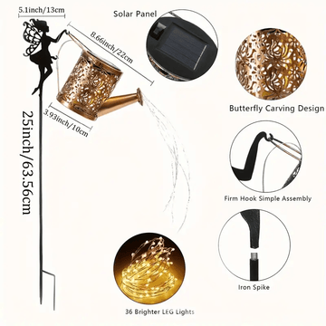 Aspersor de hadas con energía solar con luces apiladas, decoración de jardín impermeable, batería de níquel de 600mAh, tetera solar de metal, luz de cascada para decoración festiva al aire libre, iluminación al aire libre | Característica de jardín de ha