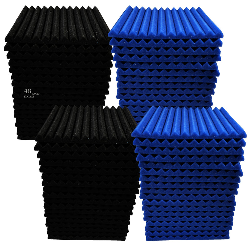 48 paquetes de tableros autoadhesivos absorbentes de sonido (24 negros + 24 azules), adecuados para salas de grabación, habitaciones de instrumentos, KTVs, etc., absorben rápidamente mezclas y ruidos, densidad: 25 kg/m³