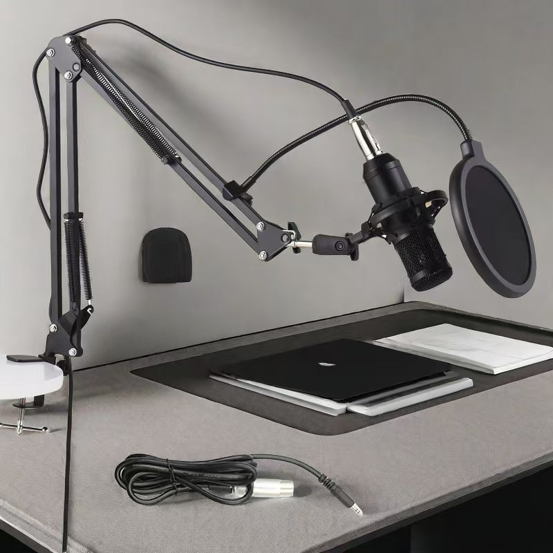 BM-800 Micrófono de condensador con cable, negro, alimentado por USB, conector de 3,5 mm, cuerpo de hierro, para chat de voz y grabación, con accesorios