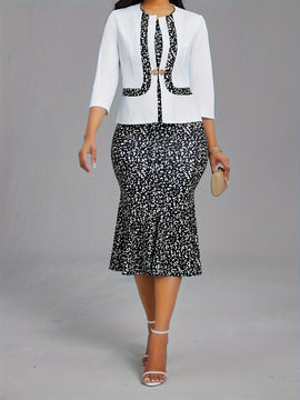 Conjunto elegante de dos piezas, Blazer de manga tres cuartos y vestido ajustado con estampado floral, Ropa de mujer.