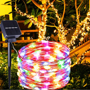 [1 Hilo de luces solares de 8 modos] AMILL Luces de cadena LED con energía solar, multicolor, 8 modos de iluminación, material plástico de alto índice, acabado de metal pulido, resistente al agua IPX4, con para bodas al aire libre, patio, jardín, camping