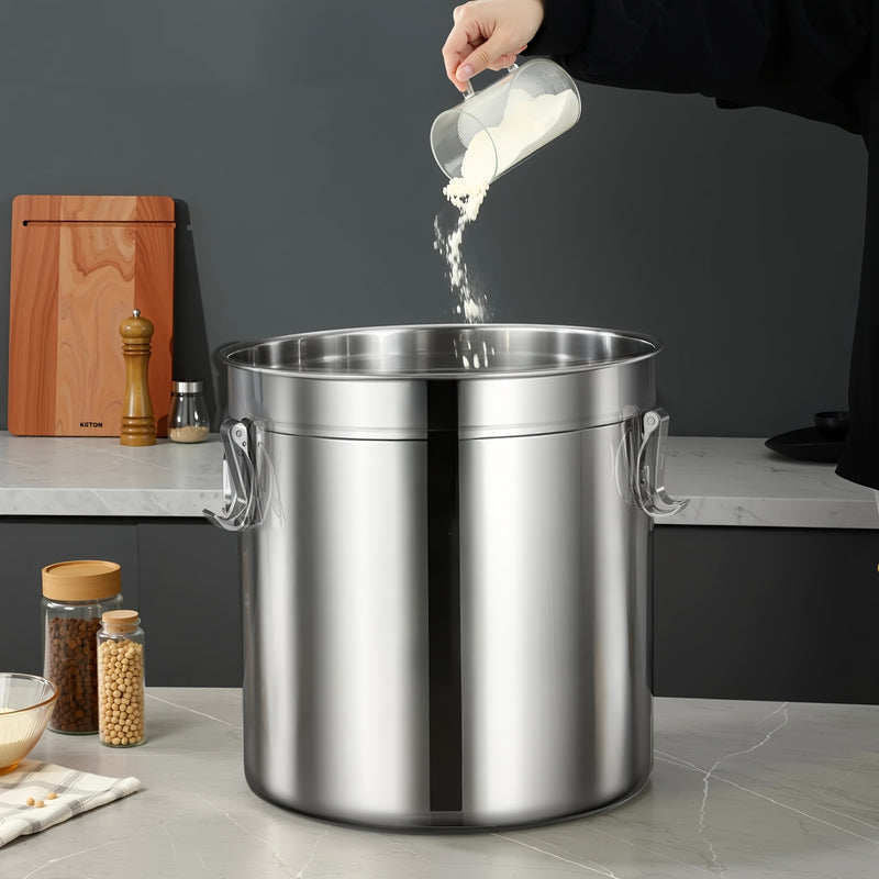 Contenedor de acero inoxidable para alimentos LEOZ de 10.89 kg y 19.96 kg, con marcas de medición y tapa abatible - Libre de BPA, multiusos para granos, arroz, alimento para mascotas, ideal para organizar la despensa de cocina