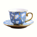 Juego de 6 tazas de café de cerámica estilo europeo con plating, diseño elegante azul y dorado, solo lavado a mano, reutilizable, uso múltiple, incluye salseras y tazas que se ajustan, accesorio para bar de café.