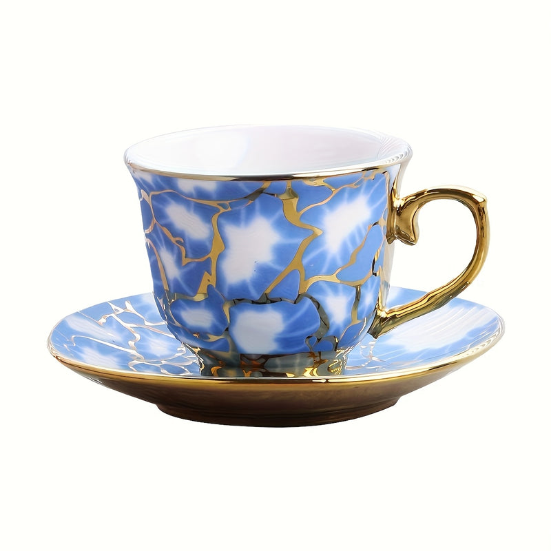Juego de 6 tazas de café de cerámica estilo europeo con plating, diseño elegante azul y dorado, solo lavado a mano, reutilizable, uso múltiple, incluye salseras y tazas que se ajustan, accesorio para bar de café.