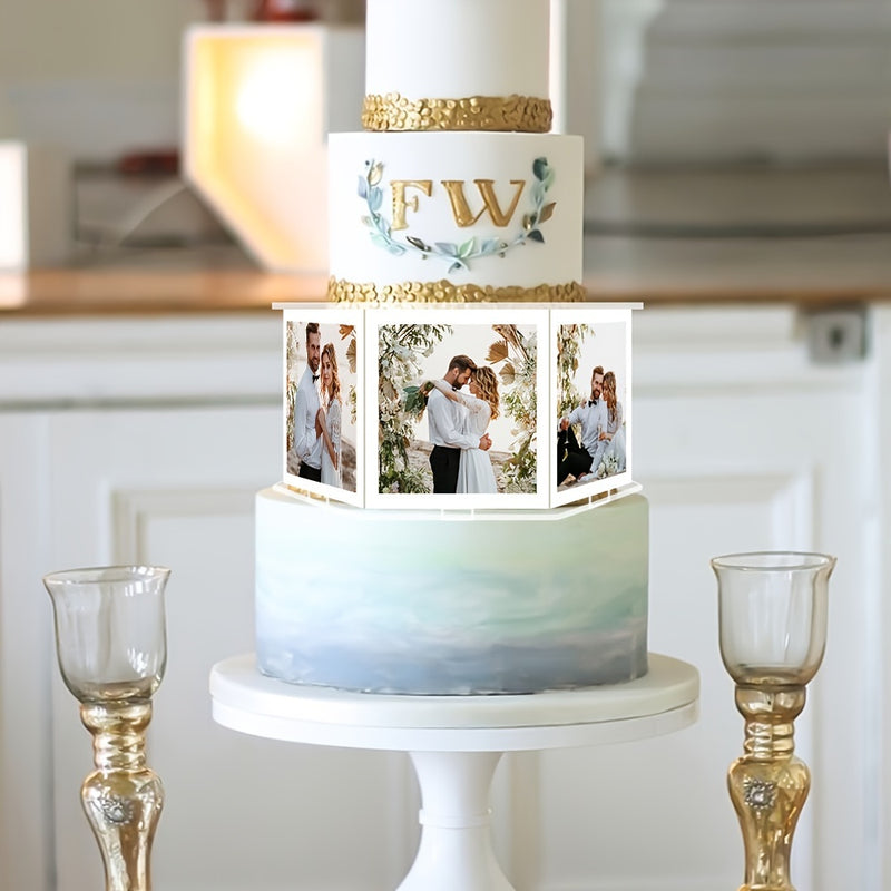 Un conjunto de 8 piezas de marcos de fotos de acrílico transparente DIY, diseñados para ensamblar un soporte de pastel hexagonal con temática de fotos, adecuado para bodas, cumpleaños, graduaciones, Halloween, Navidad, aniversarios y otros soportes de pa