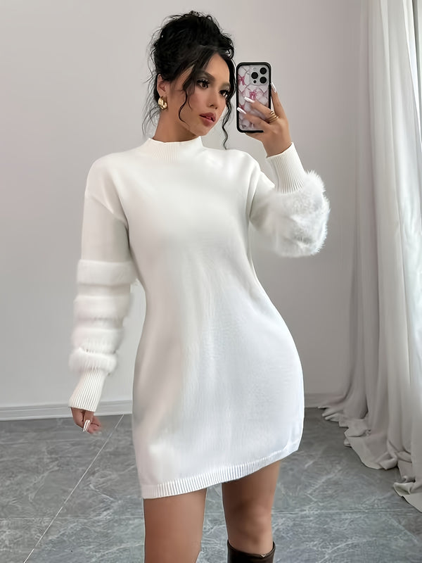 Vestido elegante de cuello alto para mujer, ajustado, midi, lavable a máquina, manga larga, color sólido, con puños acolchados, ideal para primavera/otoño, casual a semiformal, atuendo formal, estilo sofisticado, tejido con textura
