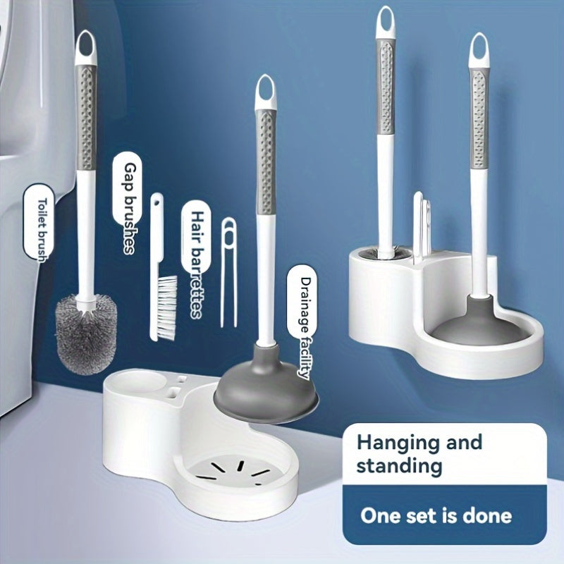 Kit de limpieza para inodoros de 4 piezas con cepillo de mango largo, desatascador y soporte - Juego de limpieza profunda para baños de plástico duradero