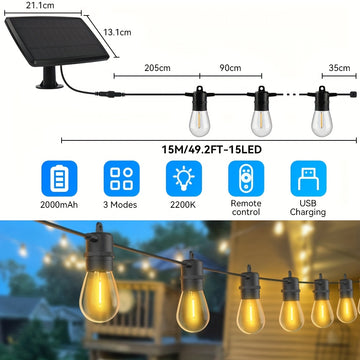 AVANLO 15.0 metros/8.99 metros de luces de cuerda solares para exteriores con control remoto - Bombillas LED S14 regulables, iluminación continua de 12 horas, diseño anticaída para jardines, cafeterías, calles, festivales y espacios públicos, luces solar
