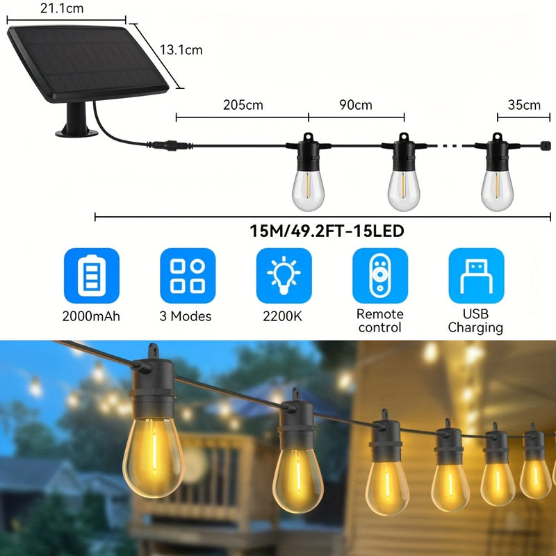 AVANLO 15.0 metros/8.99 metros de luces de cuerda solares para exteriores con control remoto - Bombillas LED S14 regulables, iluminación continua de 12 horas, diseño anticaída para jardines, cafeterías, calles, festivales y espacios públicos, luces solar