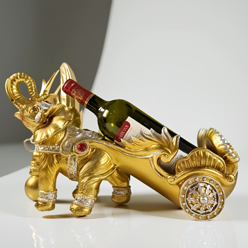 Rack de Vino de Elefante Pintado a Mano con Resina y Detalles en Cristal - Decoración de Lujo Dorada y Roja para Sala de Estar, Mesa de Comedor, Bar - Regalo Único de Inauguración de Casa, Decoración de Elefantes