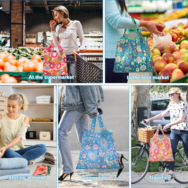 Juego de 4 Bolsas de Compras de Poliéster Premium con Asas, Bolsas Portátiles Plegables para Almacenamiento, Ligueras y Duraderas Lavables en Máquina para Esenciales Diarios